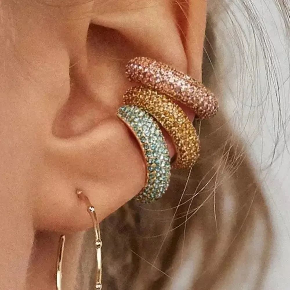 Large Crystal Pave Gold Plated Ear Cuff Set 19mm Pink & Blue NWT